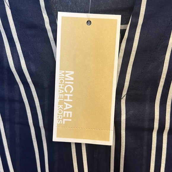 Michael by Michael Kors NWT size L navy and white strip v neck top w tie sleeve - Picture 6 of 8